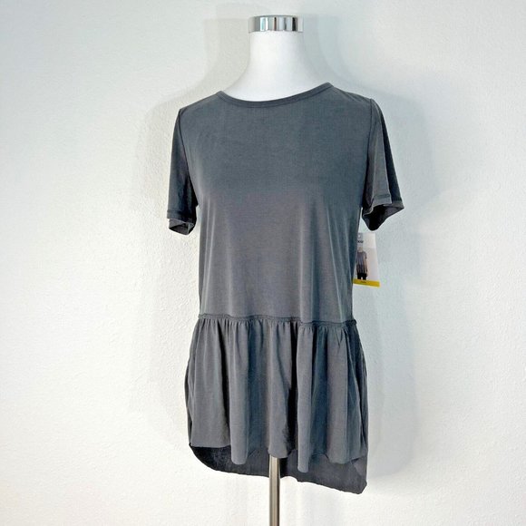 Mote Womens Tunic Top M Charcoal Grey Ruffle Tie Back Shirt Peplum Blouse NWT - Picture 1 of 14